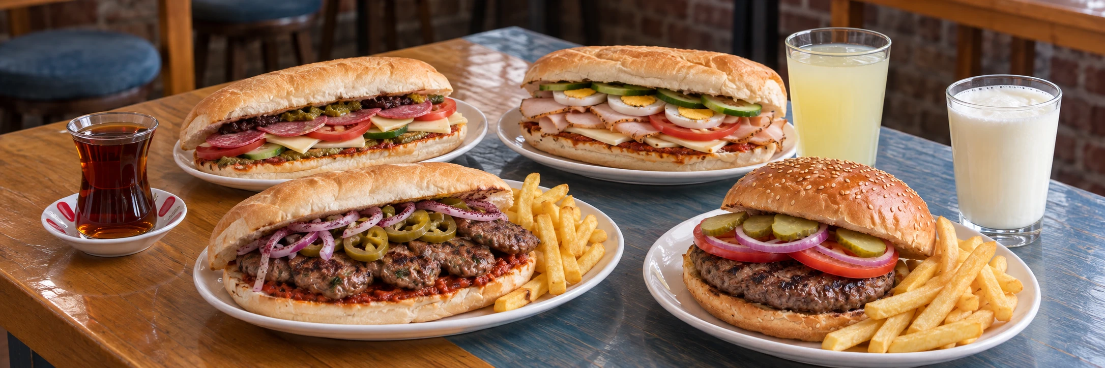 Roka masasında sandviçler, köfte ekmek, hamburger ve içecekler